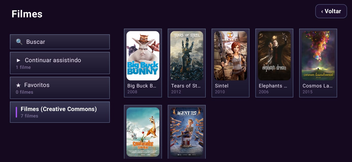 Catálogo de filmes no Aura Player